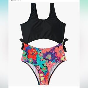 Floral Kids Swimsuit - Black and Multicolor